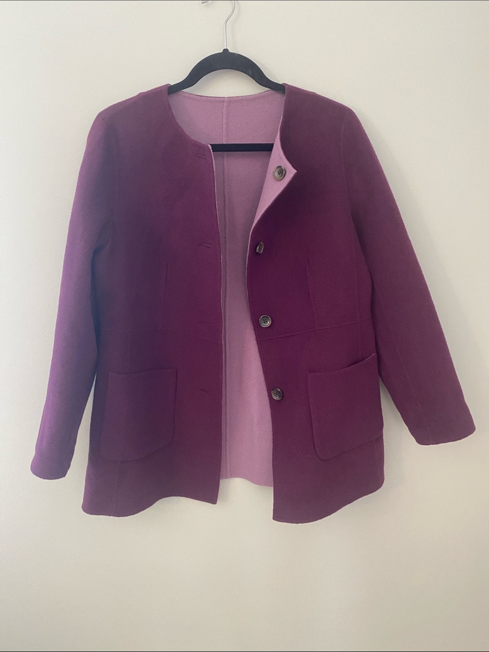Talbots Reversible Plum and Lavender Wool-Blend Pea Coat Pockets Wool Blend